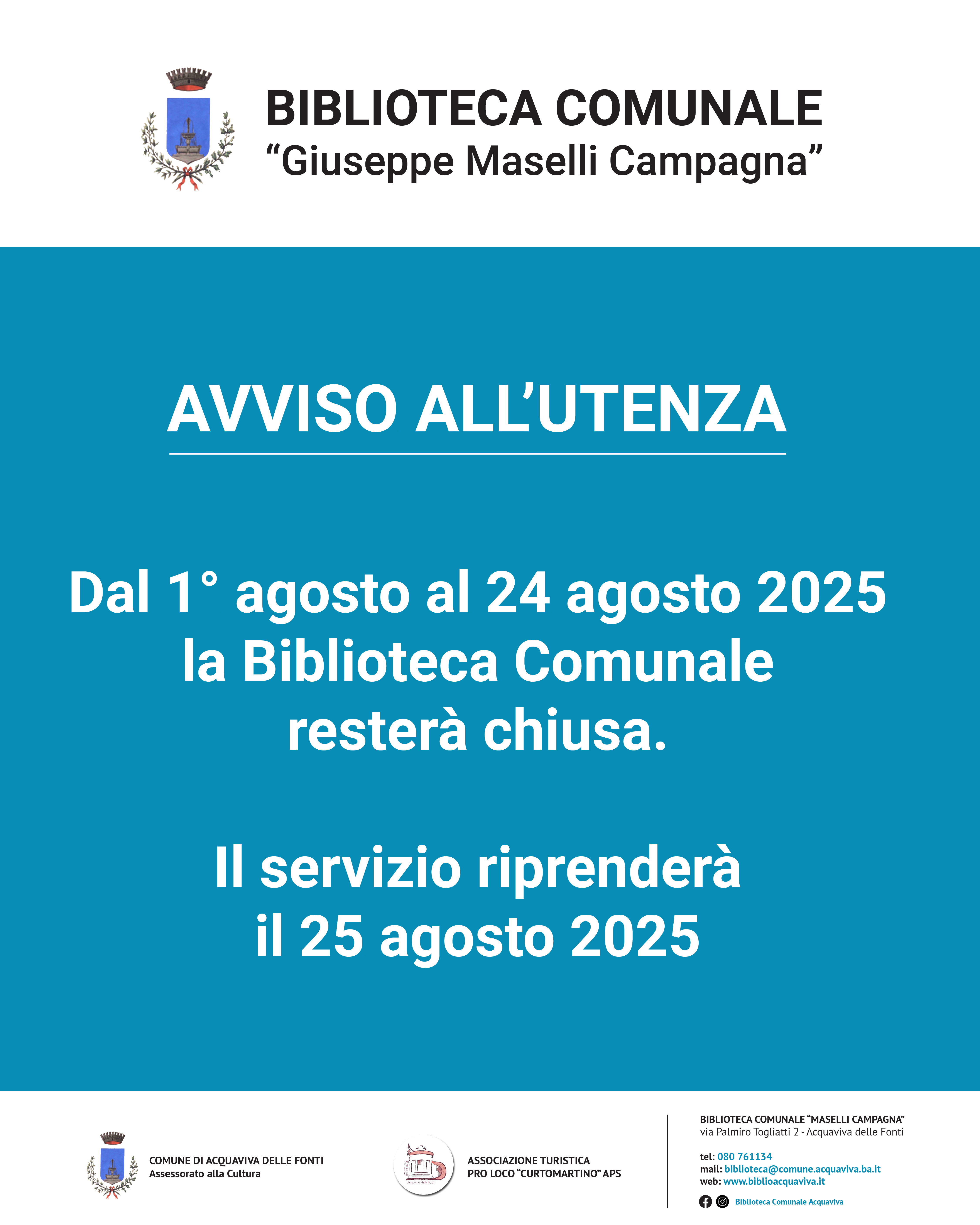 Chiusura estiva dal 1° al 24 agosto